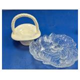 Clear Glass Berry Bowl & White Ceramic Basket Lot