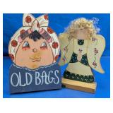 Wooden Folk Art Angel & Old Bags Decor Set