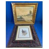 Framed Landscape Painting & Bird Print