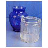 Vintage Cobalt Blue Vase & Ribbed Clear Jar Duo