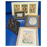 Framed Family Wall Decor & Brass Swivel Hook Lot