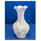 White Milk Glass Ruffled Bud Vase w/ Fruit Motif