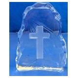 Clear Glass Ice Rock Cross Paperweight Block