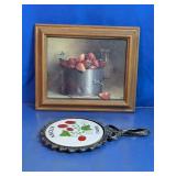 Vintage Strawberry Framed Art & Cast Iron Trivet