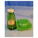 Green Glass Pepper Shaker & Hobnail Dish