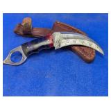 Custom Damascus Curved Knife with Leather Sheath