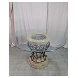 Round Glass Dining Table with Metal Scroll Base