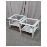 White Faux Bamboo Glass Top End Tables Duo