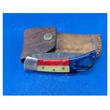 Damascus Folding Pocket Knife w/ Leather Sheath