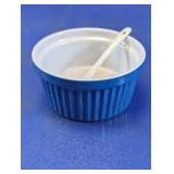 Blue Ceramic Ramekin Bowl with White Spoon Set