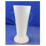 White Glass Vase with Blue Applied Handles
