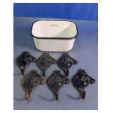 Cast Iron Horse Hooks & Enamel Pan Lot
