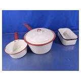 Vtg Enamelware Saucepan Pans & Loaf Pan Set