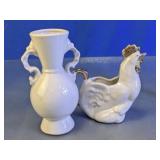 Rooster Figural Pitcher & White Ceramic Vase Set