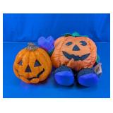 Vtg Halloween Plush & Melted Plastic Pumpkin Duo