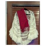 Crochet Fringe Shawl & Red Pashmina Scarf Set