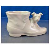 Vtg White Ceramic Dog in Shoe Shoe Planter