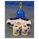 Ceramic Floral Mugs & Ashtray With Porcelain Bell