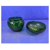 Green Ribbed Glass Vase & Bowl Set