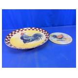 Vtg Country Rooster Decorative Tray & Trivet Duo