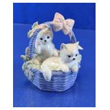 Ceramic Blue Woven Basket & White Kittens