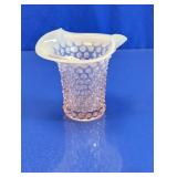 Pink Hobnail Glass Ruffled Vase