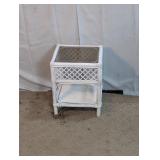 Vintage White Wicker Glass-Top Nightstand