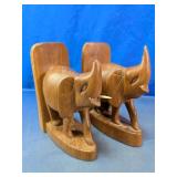 Hand-Carved Wooden Elephant Bookends Pair