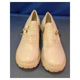 Beige Tweed Block Heel Loafers