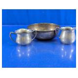 Pewter Sugar Bowl, Creamer & Hammered Bowl Set