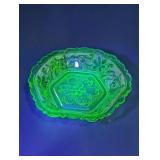 Vtg Green Uranium Depression Glass Floral Bowl