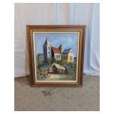 Framed European Village Oil Painting