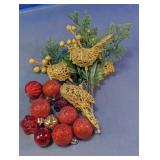 Red & Gold Christmas Ornaments & Floral Pick Lot