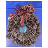 Holiday Pinecone Wreath with Plaid Bow & Ornaments