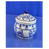 Blue & White Floral Scroll Ceramic Lidded Jar