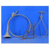 Vintage Metal Hunting Horn, Tongs & Bracket