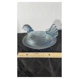 Pressed glass covered dish titled 'Hen on Nest' by Indiana Glass Company