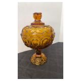 Pressed glass covered compote in 'Moon and Stars' pattern by L.E. Smith Glass Company