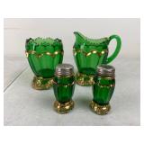 vintage Emerald green Riverside glass works pitcher, sugar bowl, and salt and pepper shaker