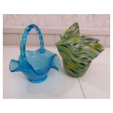 Two Hand-Blown Decorative Glass Pieces: Basket and Vase
