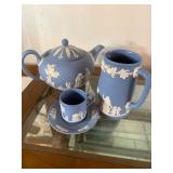 Wedgwood Blue Jasperware Tea Set with Teapot, Pitcher, Cup, and Saucer