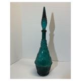 vintage blue-green glass genie bottle decanter with a fruit basket pattern
