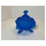 Westmoreland Cobalt Blue Satin frosted finish Argonaut Dolphin Foot Lidded Candy Dish Bowl 6” 