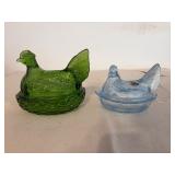 Green and Blue Glass Hen-Shaped Dishes 'Hen on a Nest'