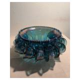Iridescent Blue Carnival Glass Punch Bowl