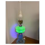 Depression Glass Electric Lamp with Uranium Glass Accents and Chimney