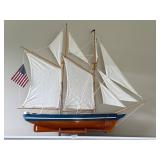 Wooden Model Ship with Sails and United States Flag