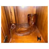 Pink Glass Serving Dish and Wooden Vase