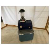 Coleman Cooler, Coleman Electric Lamp, and a Misc Tackle Box w/ Contents