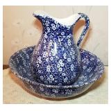 Calico Blue Floral Pitcher and Bowl Set